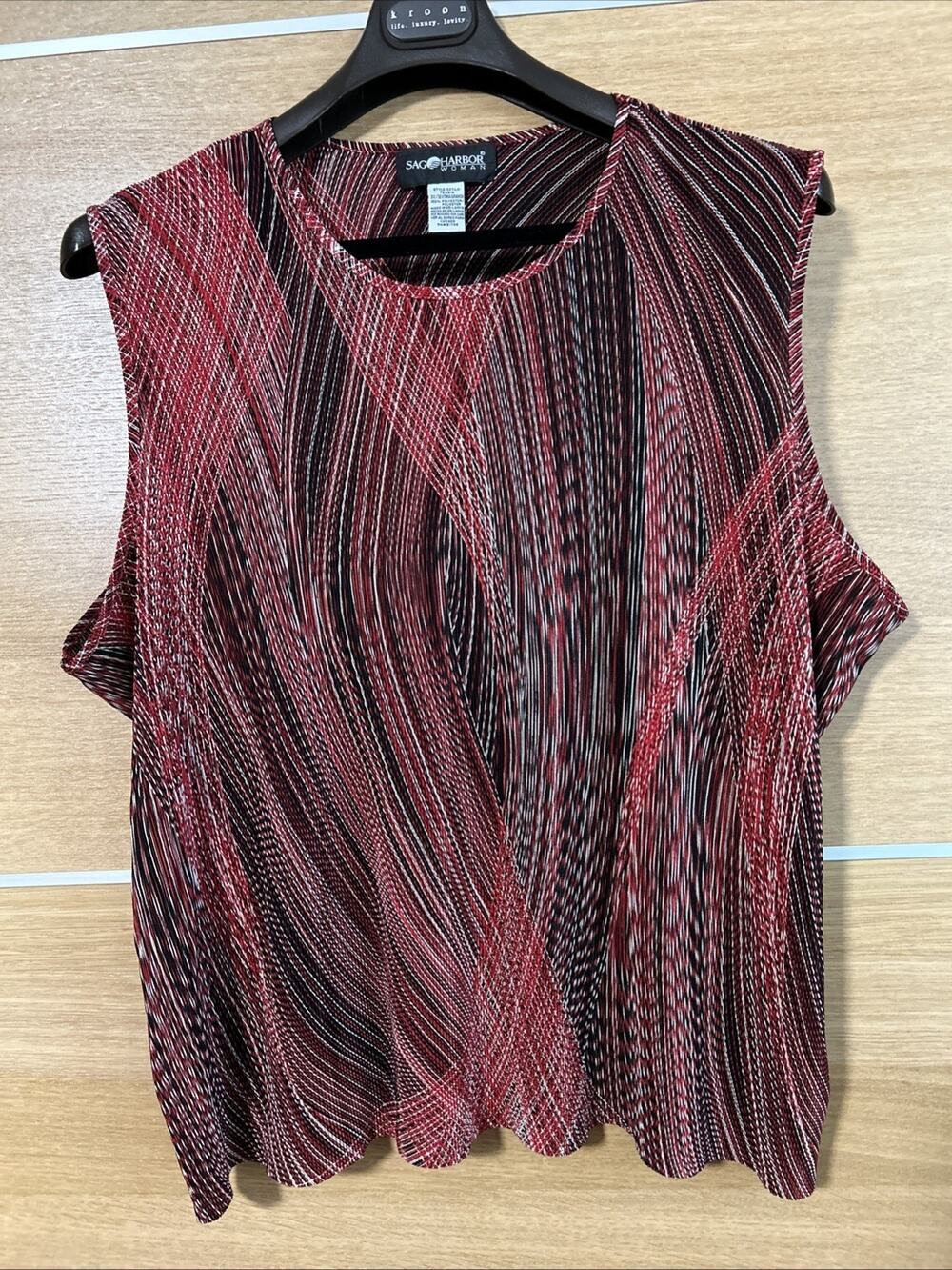 Sag Harbor Woman Top 3X Tank Red & Black Striped Polyester Career Casual Basic